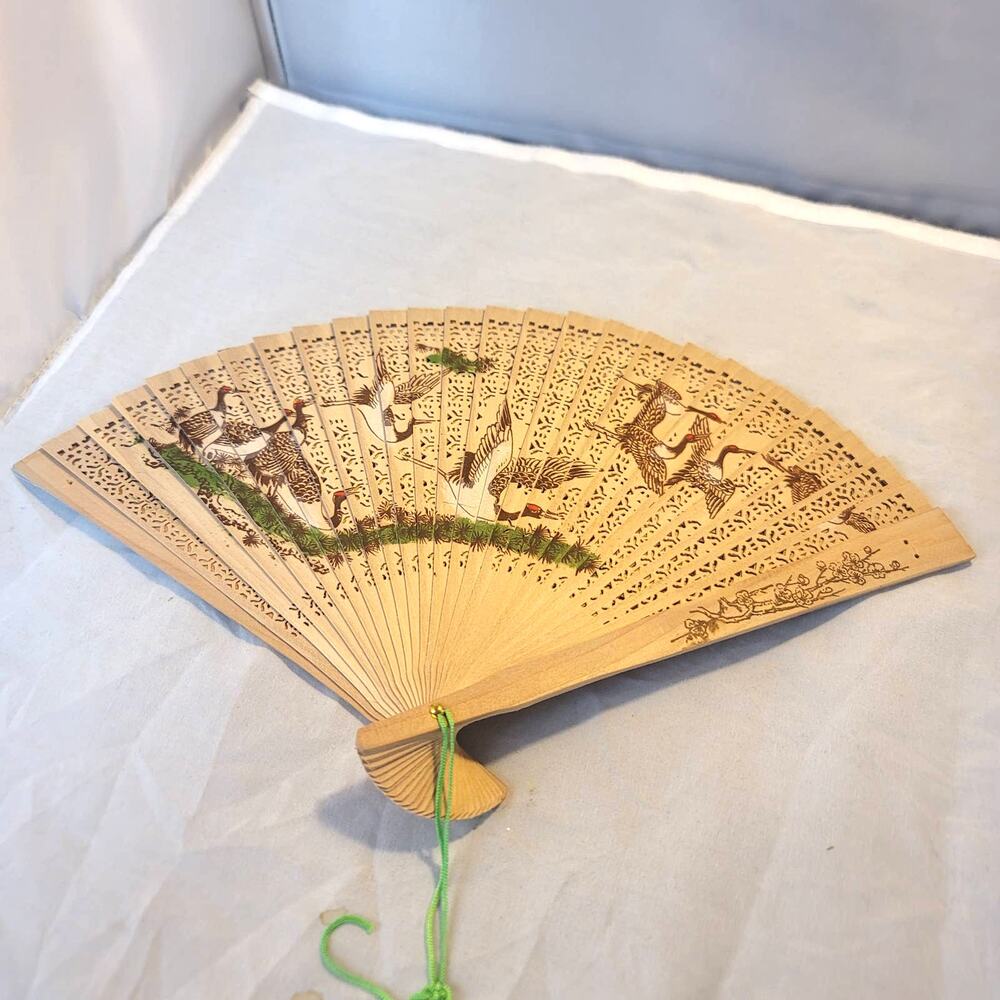 Wooden hand fan handpainted flying CRANES birds folding cutout Sandalwood